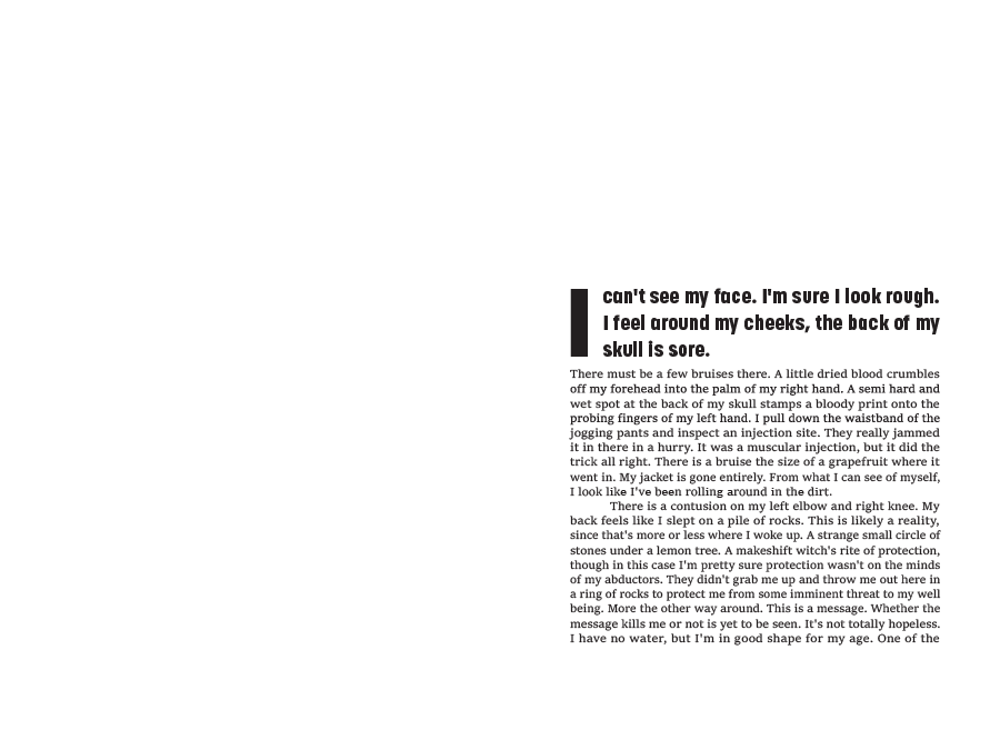 Opening spread of the chapter's text, with a tall black slab-serif drop cap 'I' and several lines of matching display capitals giving way to a warmer serif body face, set against generous margins on a mostly empty left page