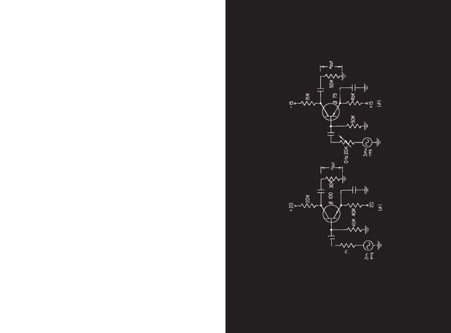 Spread showing a vintage transistor-amplifier circuit schematic rendered in thin white linework on a near-black ground, spanning the verso and bleeding onto the recto