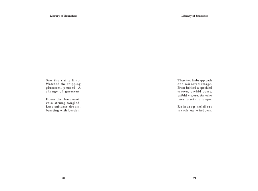 Pages 20 and 21, each holding two short stanzas set in a thin, evenly spaced typewriter-style face, surrounded by wide margins of white space