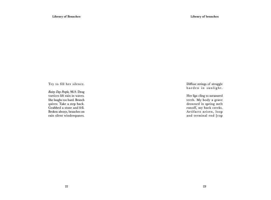 Pages 22 and 23, continuing the same spare typewriter setting, with one line of text lifted into italics