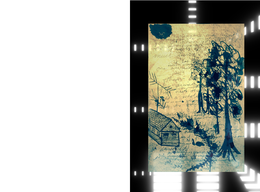 Opening spread for 'The Bucket' with a hand-lettered story title set over a loose pen-and-ink sketch of a roadside stand, the body text beginning in a single column on the facing page