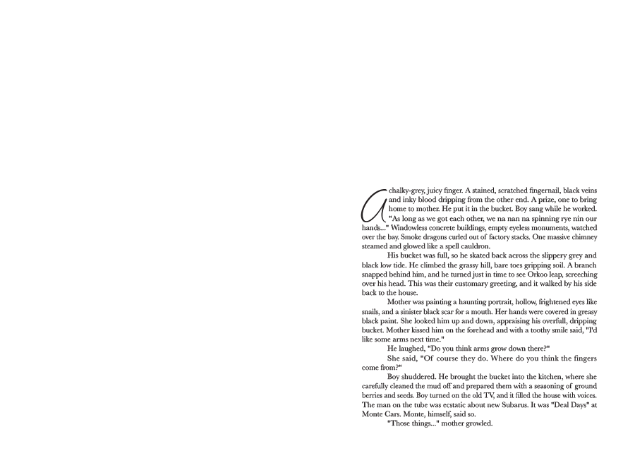 Spread of running text set in a warm serif with a wide left margin reserved for marginal sketches and notations