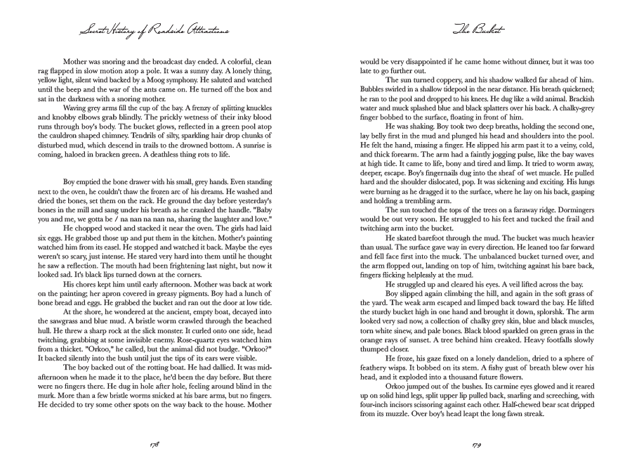 Spread of running text drawing toward the story's end, set in the same warm serif with a faint sign-paint red used for a single line of dialogue