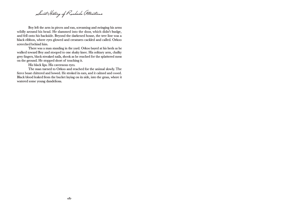Closing spread for 'The Bucket' with the final lines of text set above a small closing illustration of the attraction at dusk