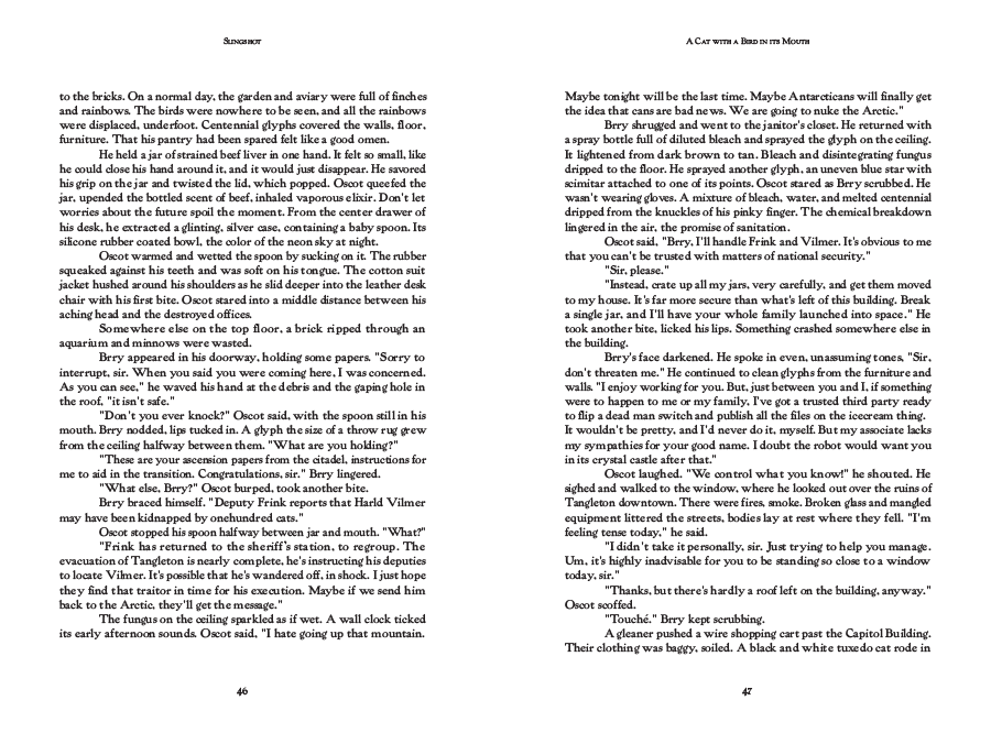 Spread of running text resuming after the illustration, set in the same warm serif and single-column grid