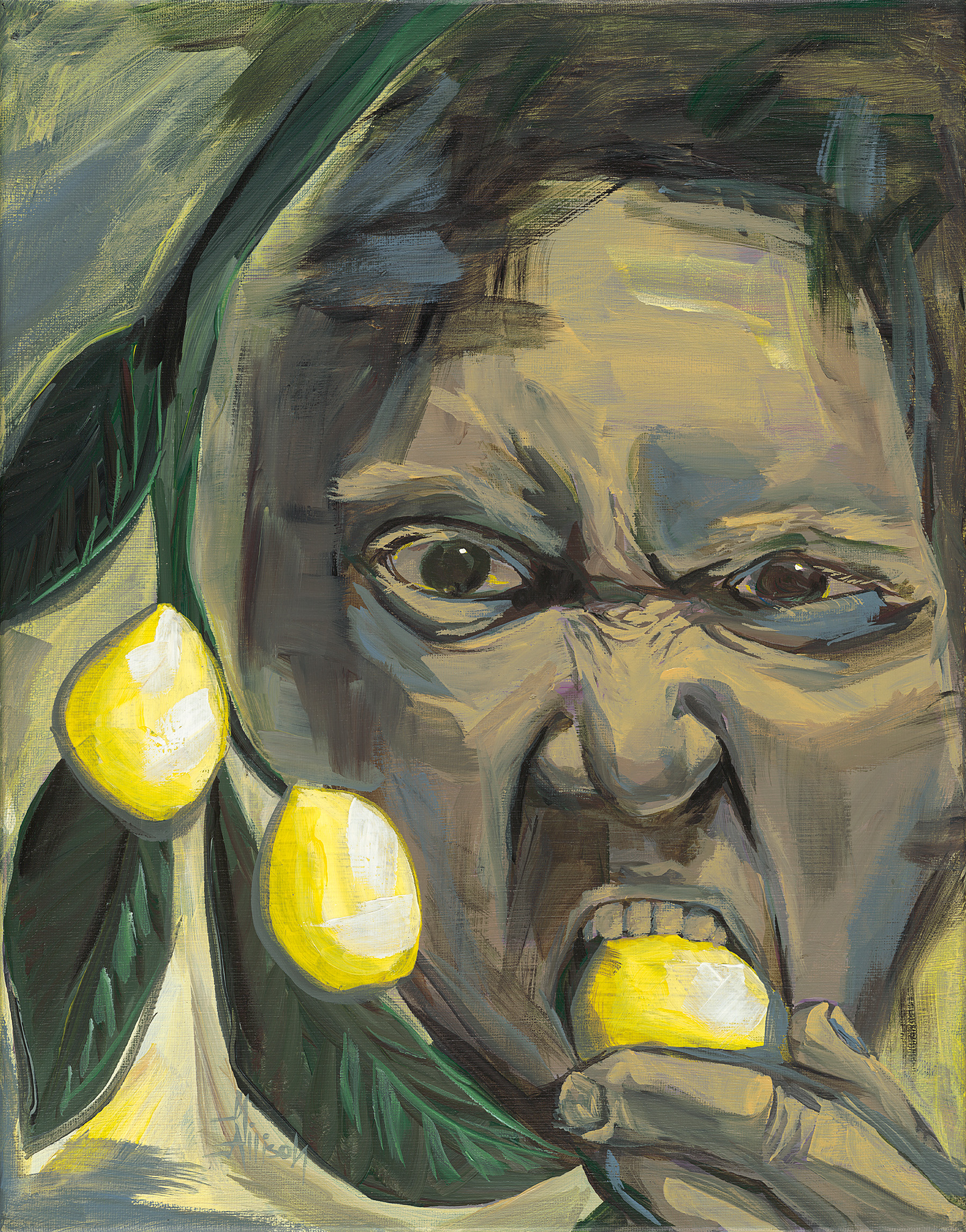 Painting by Marla Allison: a figure biting a lemon, surrounded by lemon branches